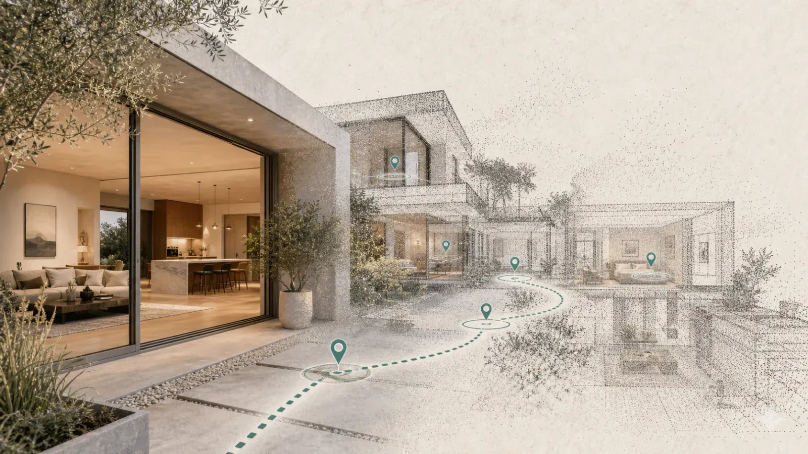 A commercial property tour scene with guided path markers, tour cards, and reporting context