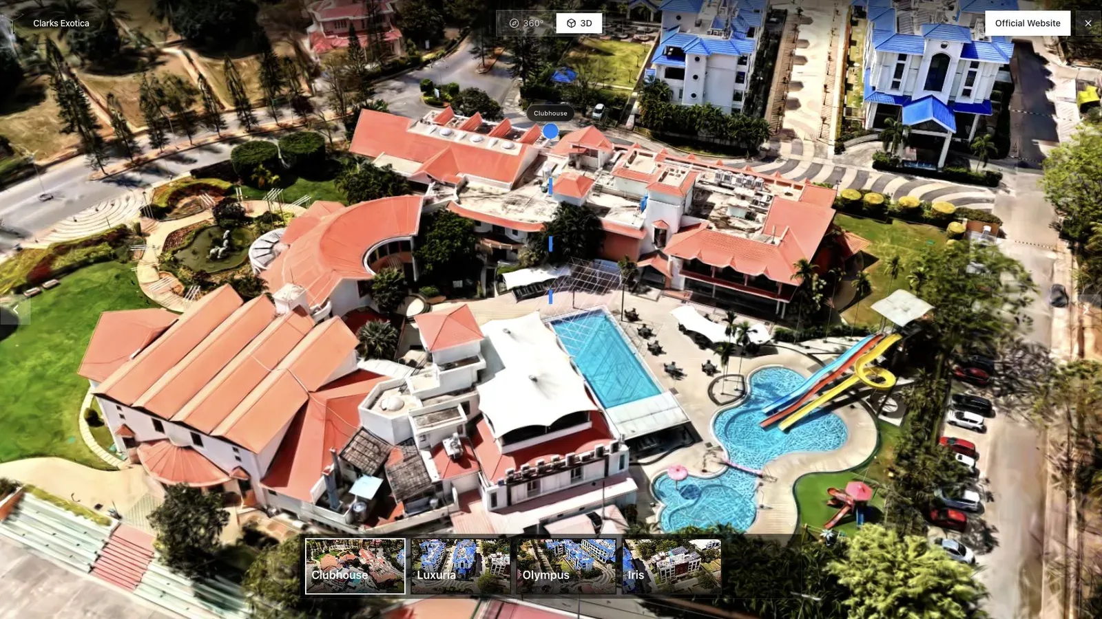 A resort or hospitality tour benefits from an opening view that shows amenities and surrounding context.
