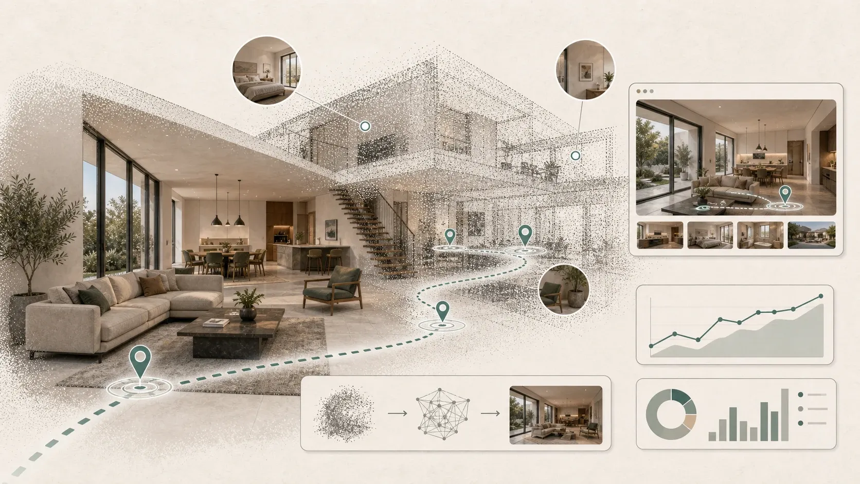 A Gaussian splat property scene becoming a guided virtual tour with waypoints and analytics