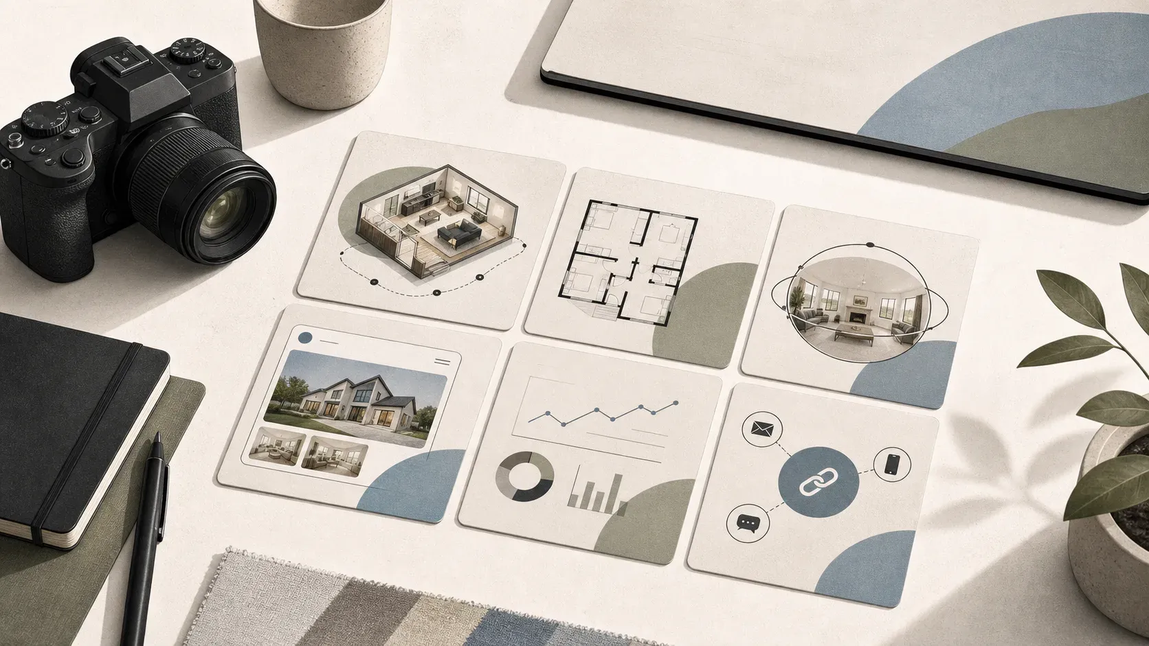 A minimal photographer workspace showing tour, floor plan, property page, analytics, and share-link cards